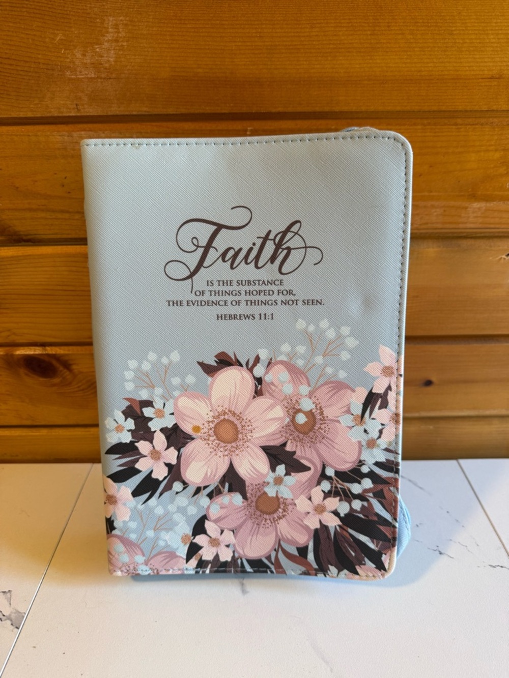 Faith Floral Bible Cover - Light Blue with Pink Flowers